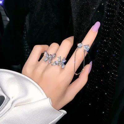 Shiny Rhinestone Double Butterfly Finger Ring
